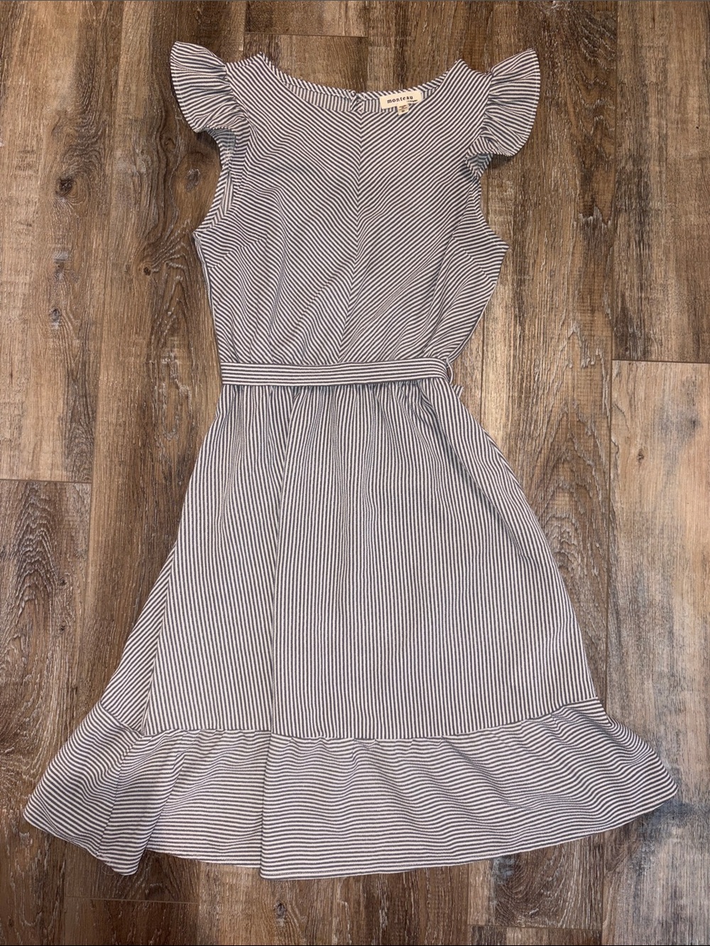 Monteau White & Navy Striped Ruffle Midi Dress